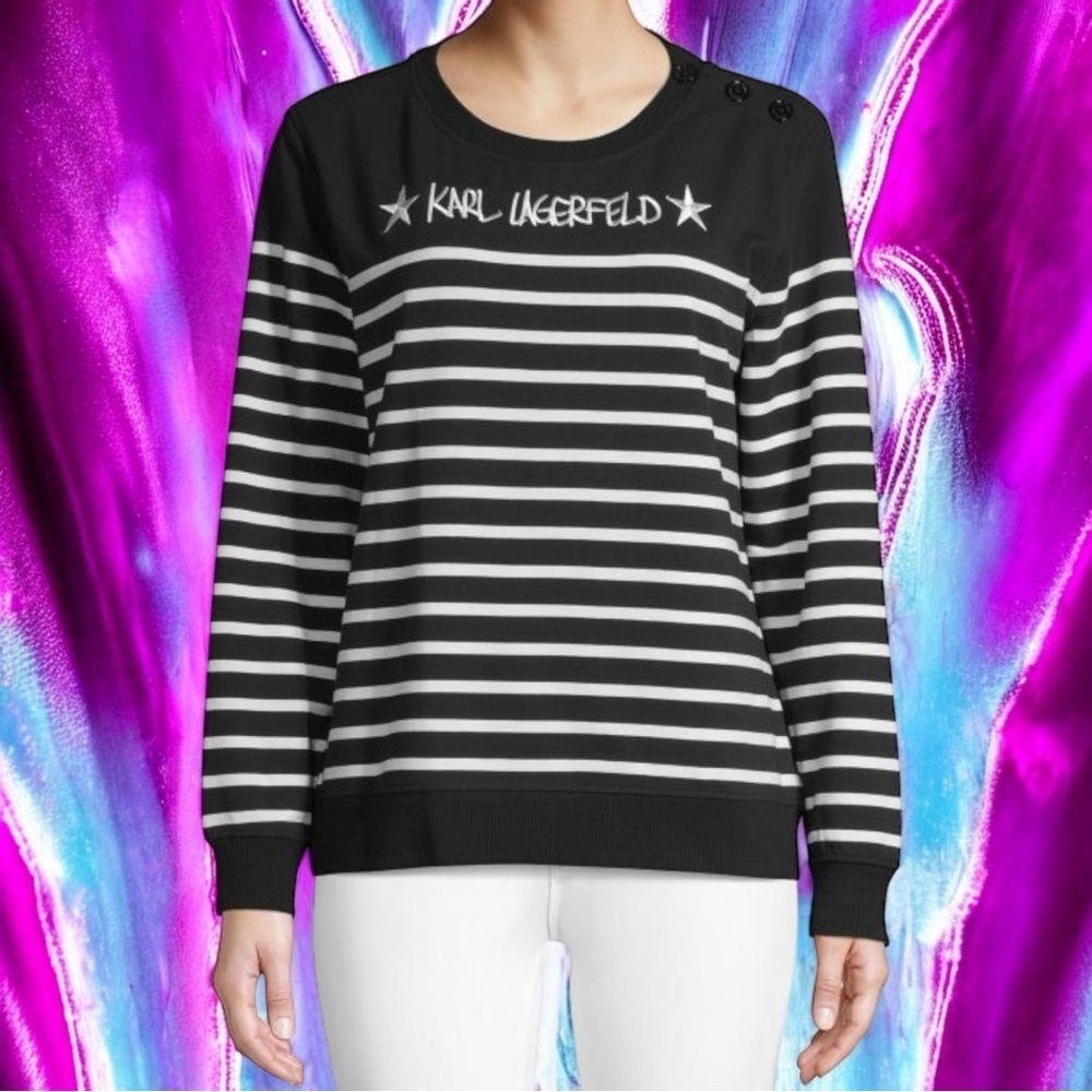 Karl‎ Lagerfeld Black and White Stripe Cotten Blend Pullover Comfy Size S